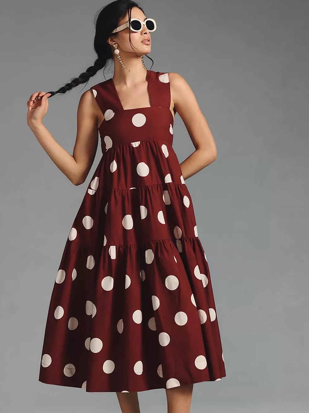 Anthropologie Helena Wine Red Polka Dot tiered midi Dress 57125